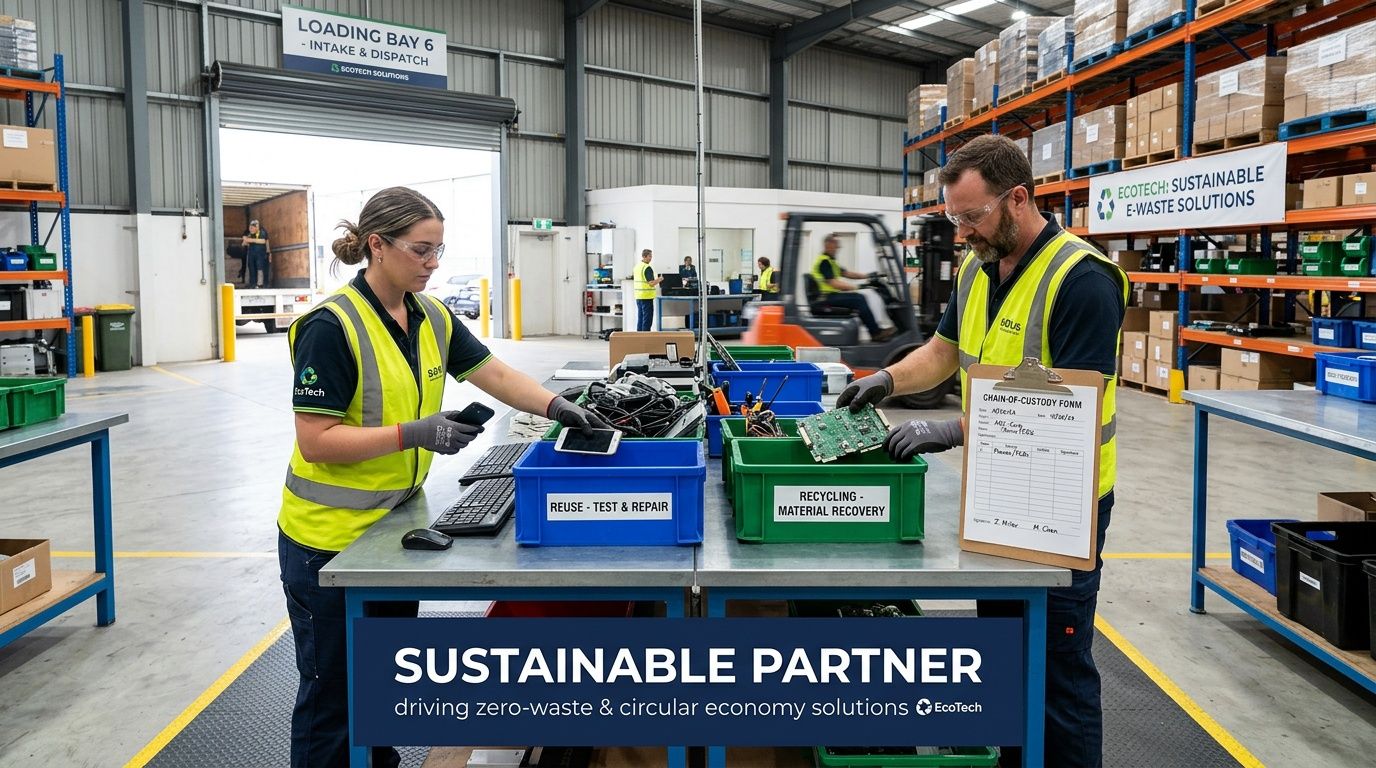 Two workers in a busy warehouse efficiently sorting e-waste into bins for reuse and recycling.