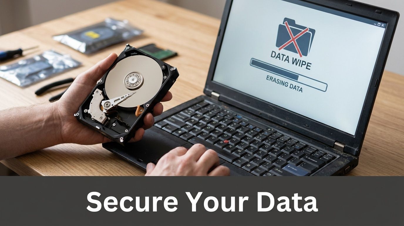 A technician holds an open hard drive while erasing data on a laptop for secure disposal.