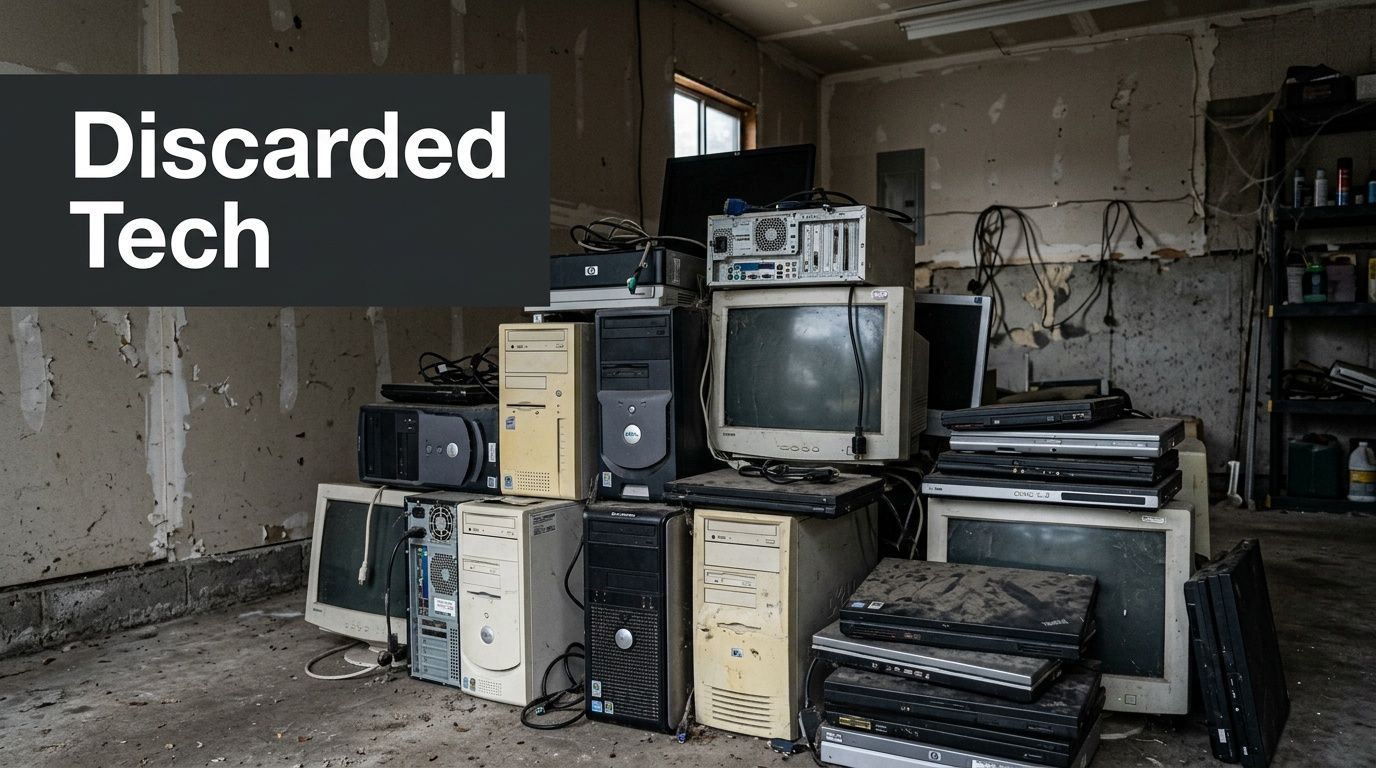 A large pile of old, discarded computer towers, monitors, and laptops stacked in a messy garage.