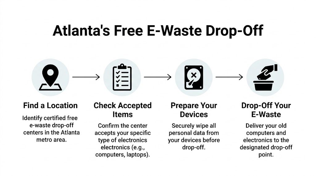 A flowchart showing four steps to properly recycle electronic waste at a free location in Atlanta.
