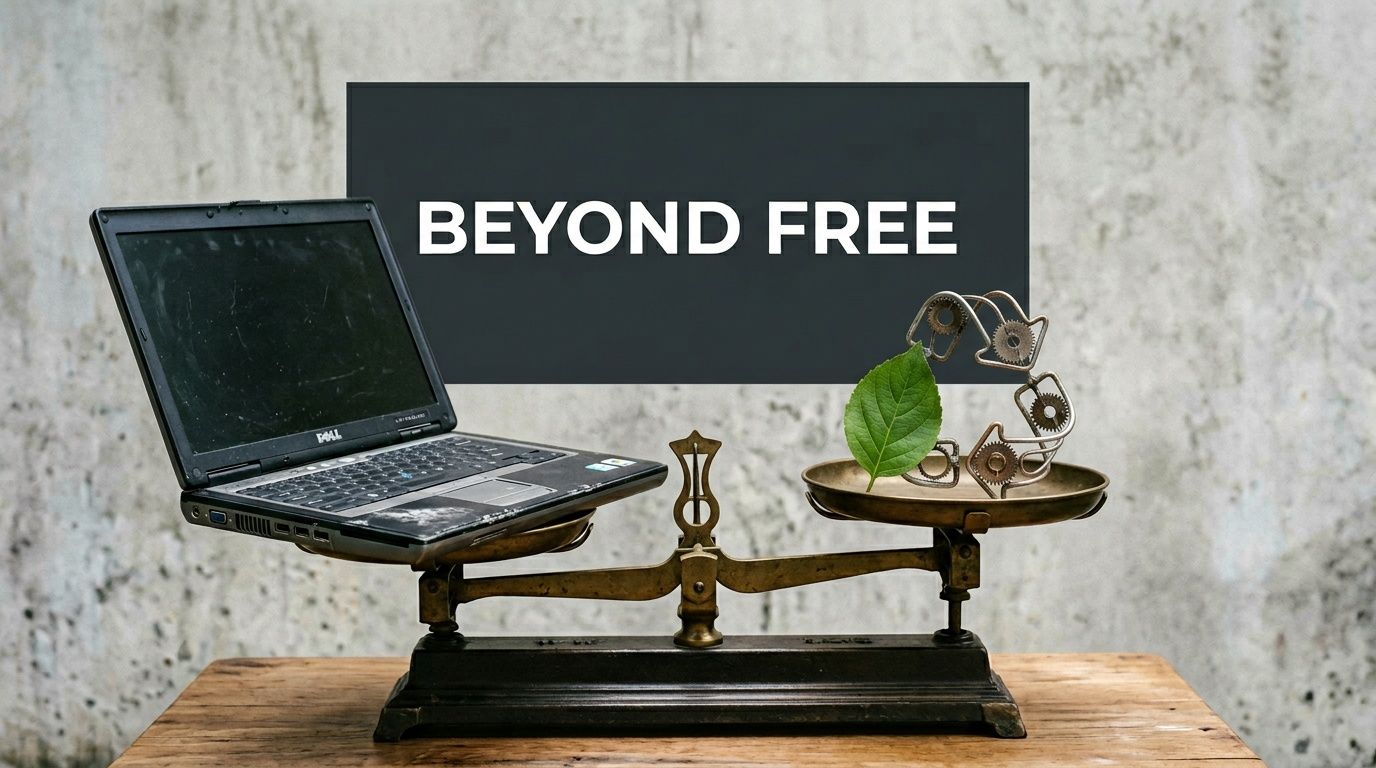 A vintage scale balances an old Dell laptop against a green leaf and a metal recycling symbol.