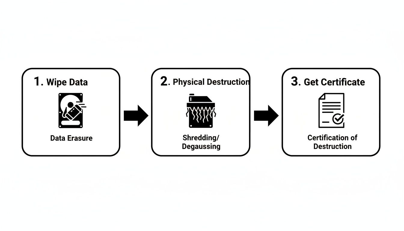 Diagram illustrating the secure data destruction process: data erasure, physical destruction, and certification.