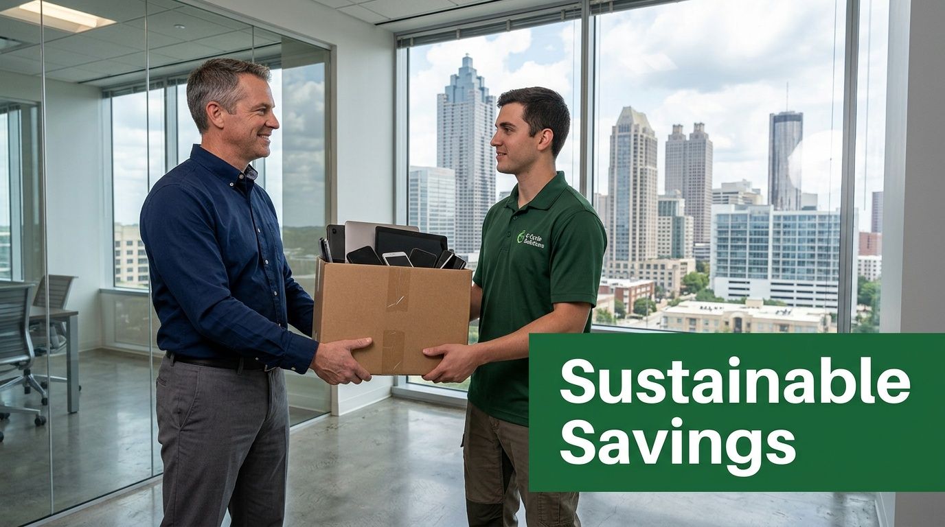 Two men exchanging a box of electronics for recycling in an office with a city view.