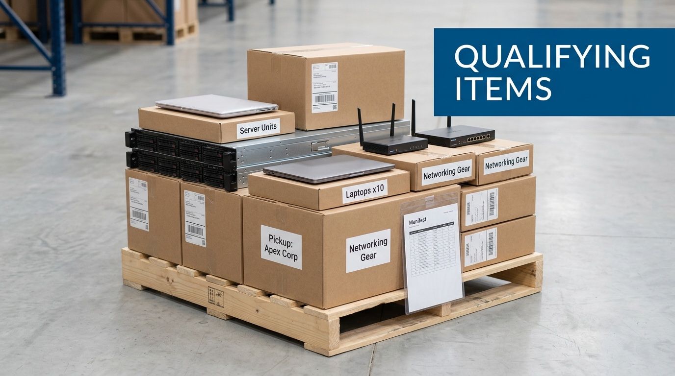 Boxes of server units, laptops, and networking gear on a pallet, labeled as qualifying items for pickup.