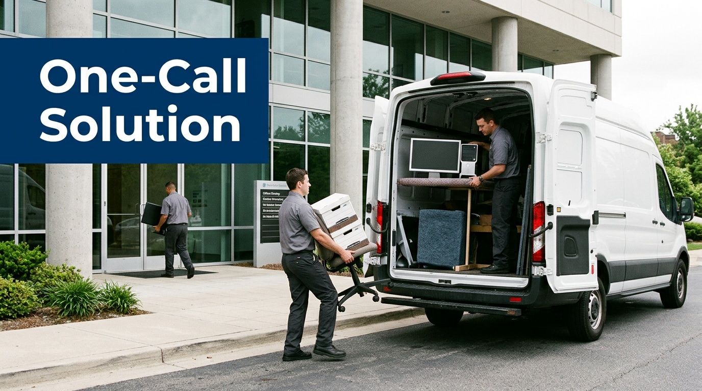 Movers loading office furniture and electronics into a white moving van outside an office building.