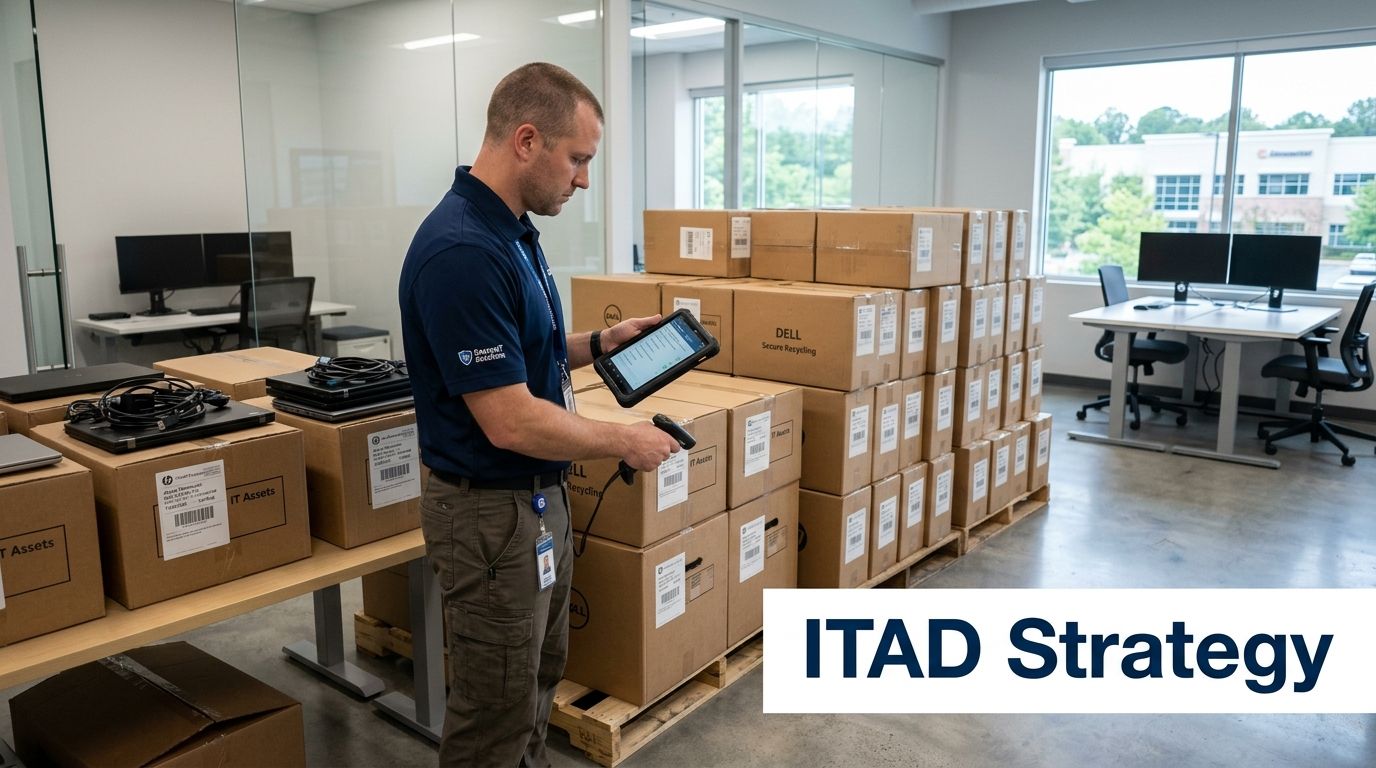 A man scans boxes of IT assets for secure recycling and disposal in an office.