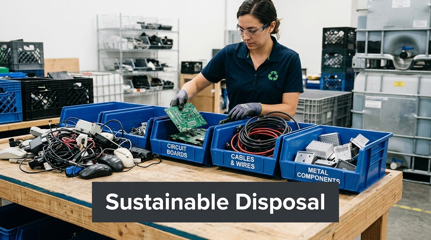 A worker sorts e-waste, including circuit boards and cables, into labeled bins for sustainable recycling.