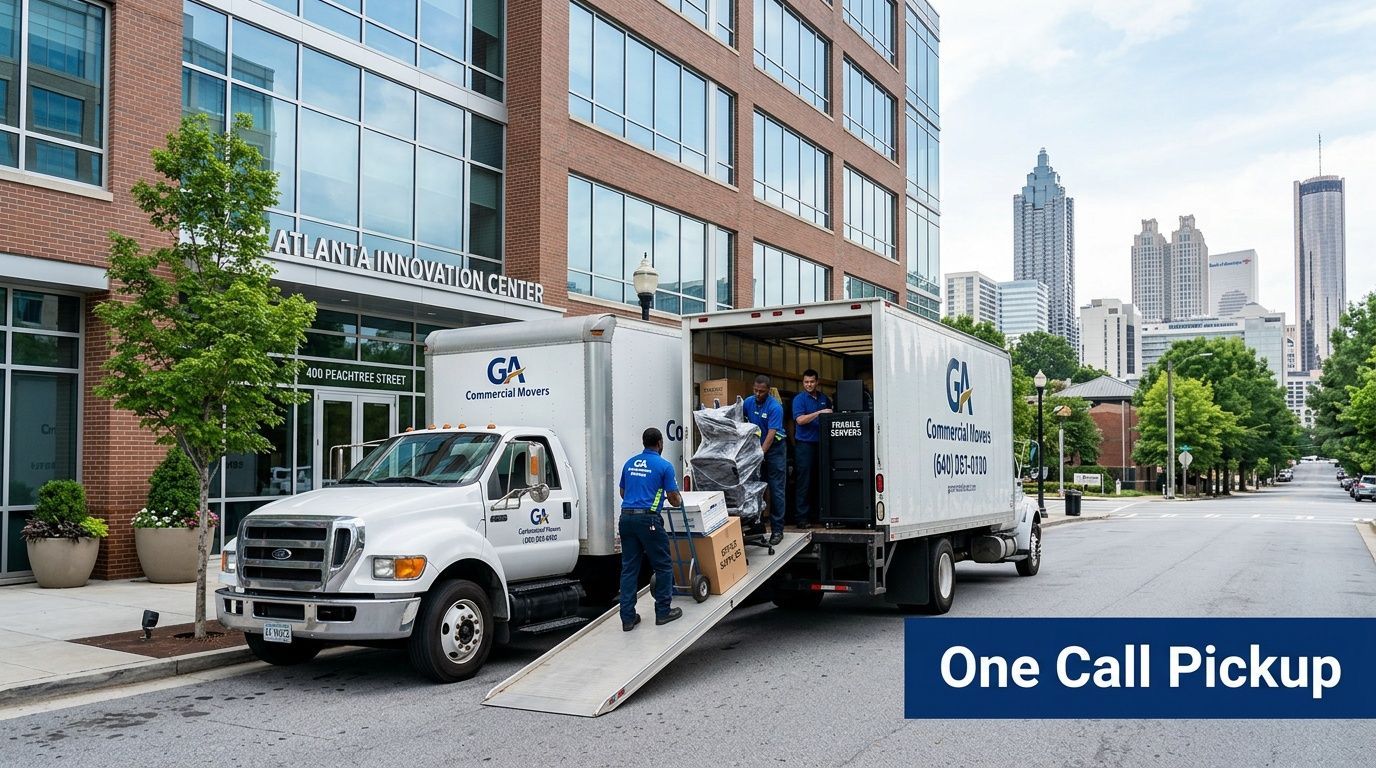 Commercial movers loading office equipment onto a truck in Atlanta, with city skyline views.