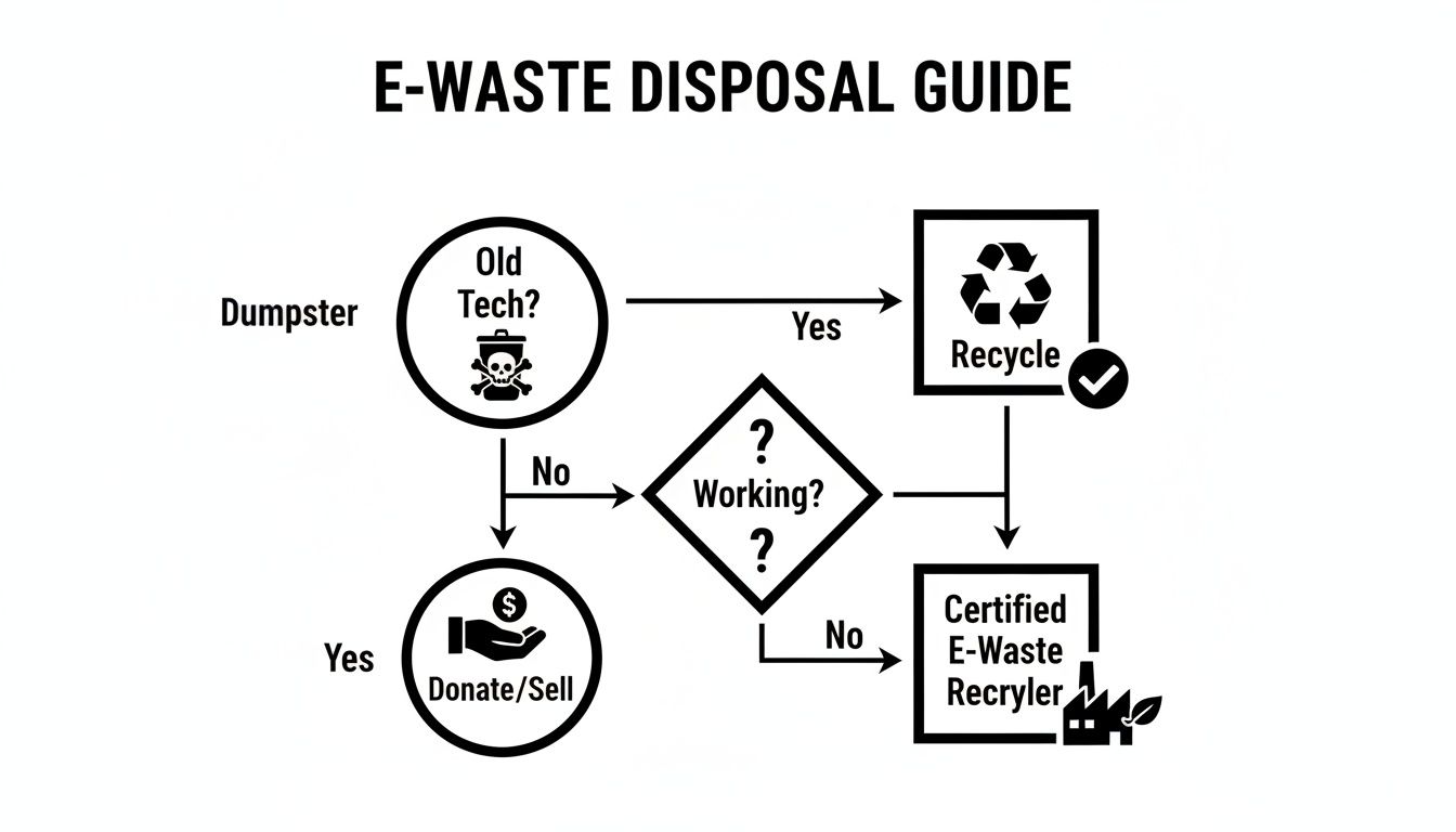 Flowchart guide for e-waste disposal, covering options like recycling, donating, selling, and using certified recyclers for old tech.