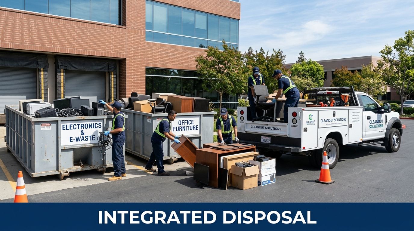 Workers from Cleanout Solutions load office electronics and furniture into dumpsters and a truck.