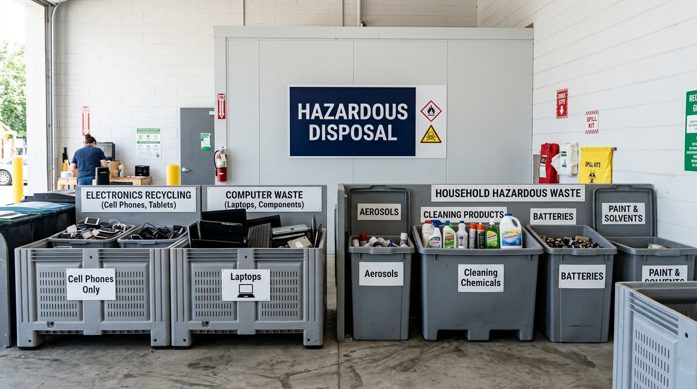 A hazardous waste and electronics recycling collection center featuring organized bins for various types of waste materials.