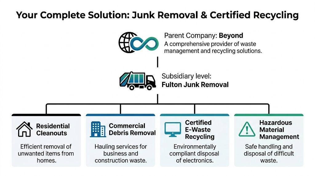 A diagram illustrating Beyond parent company and its subsidiary Fulton Junk Removal offering various waste management services.