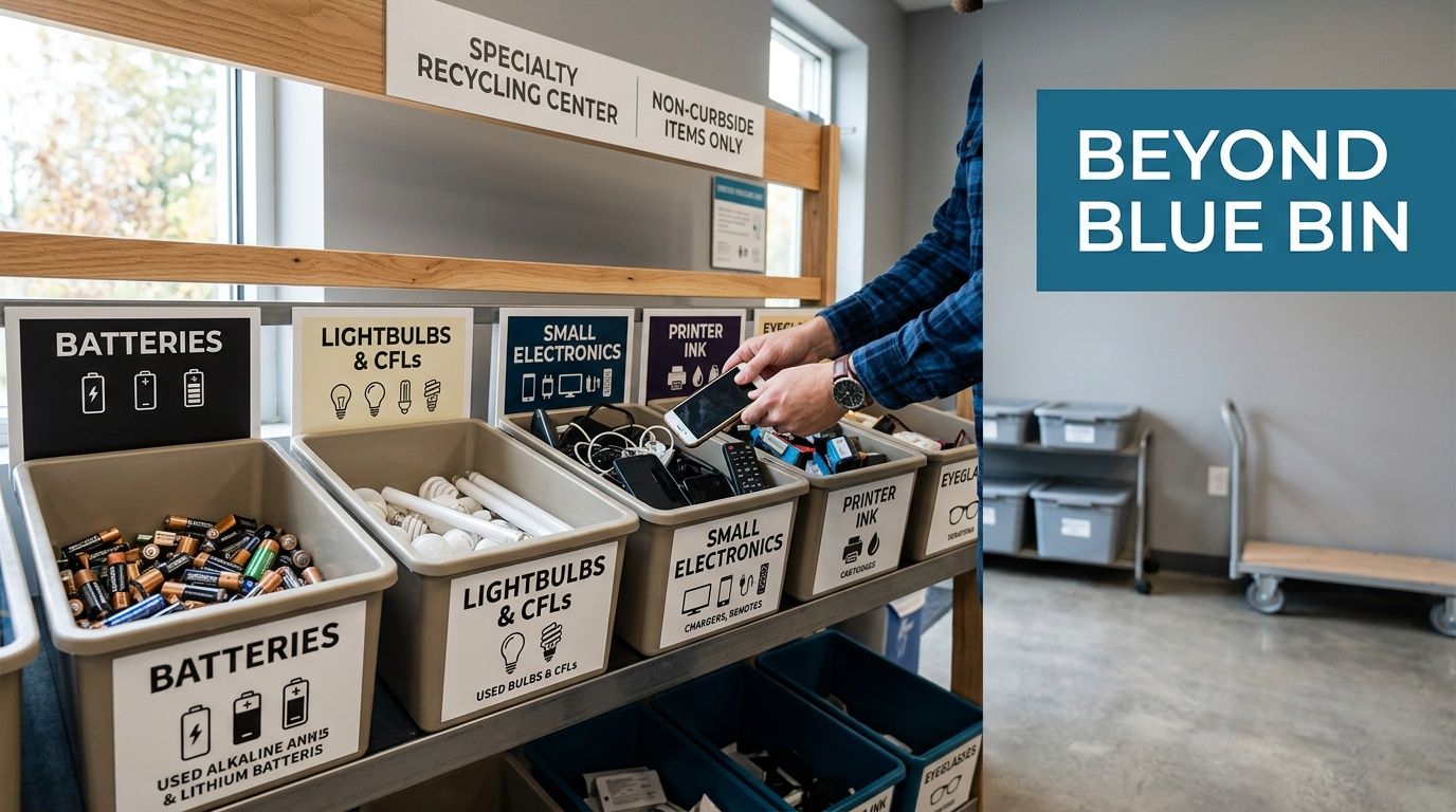 A person placing an old smartphone into a recycling bin at a specialty community recycling center facility.