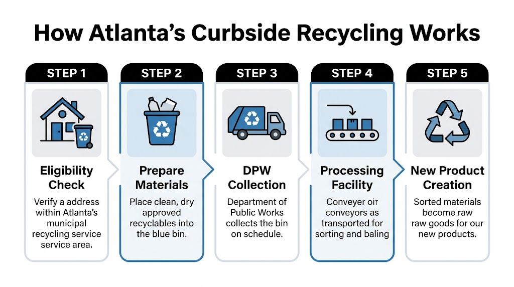 A five-step infographic showing the recycling process for residents in Atlanta, Georgia from collection to new products.