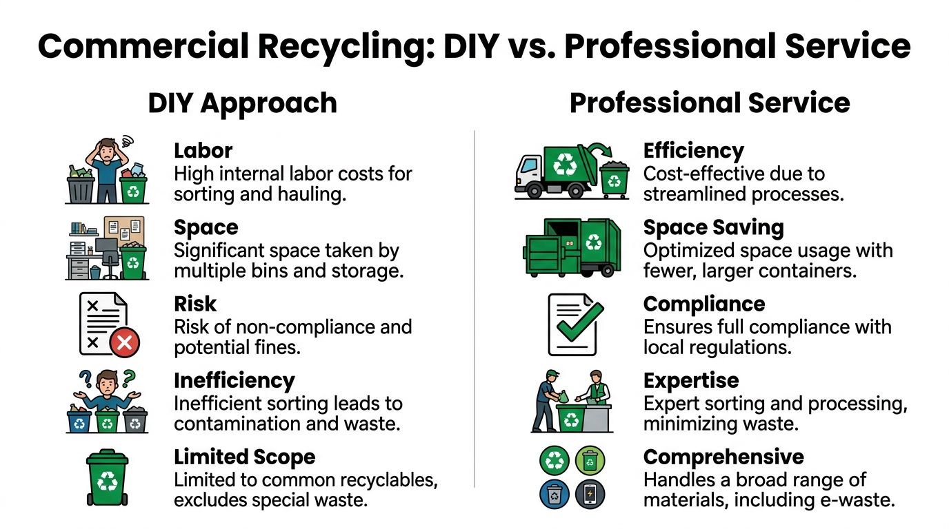 A comparison infographic between DIY commercial recycling and professional recycling services, highlighting efficiency, cost, and expertise.