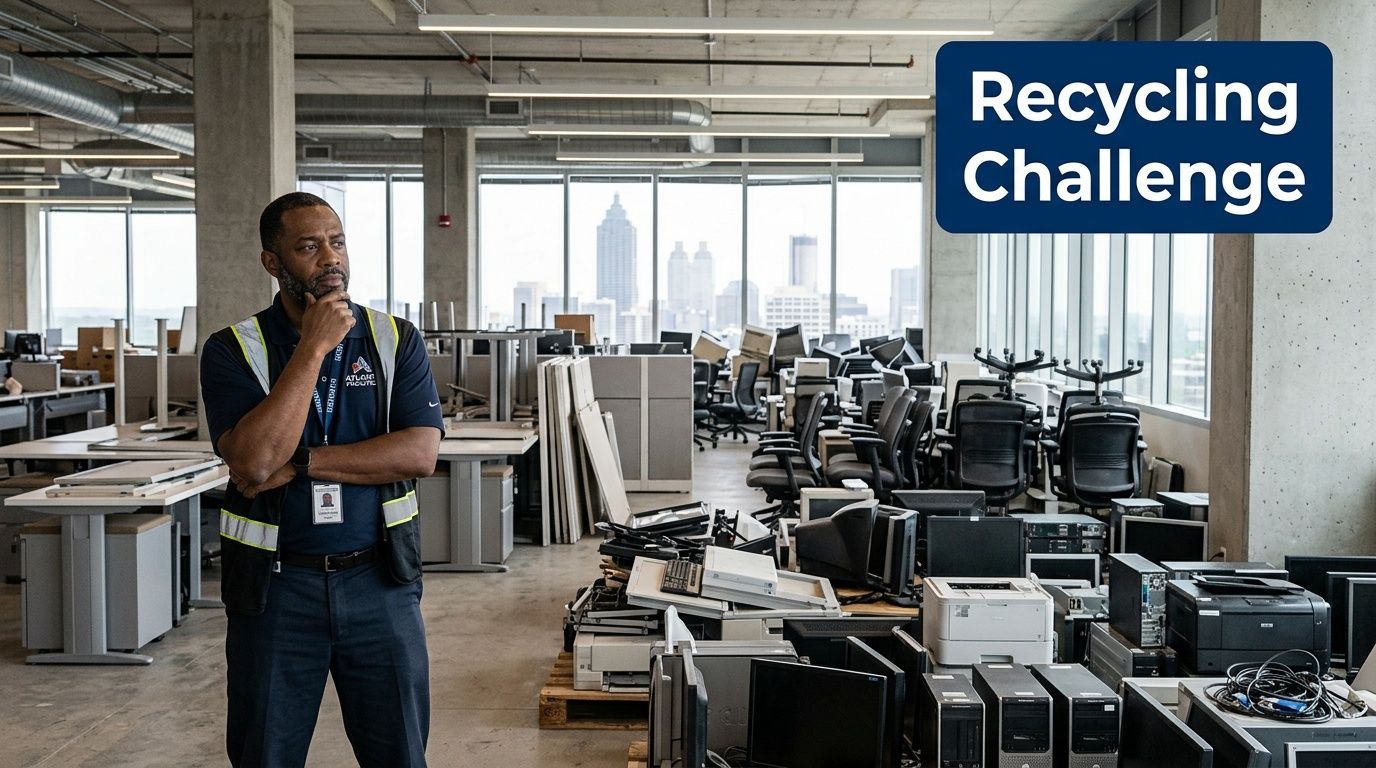 A professional man stands in a warehouse surrounded by electronic office waste for recycling in Atlanta.
