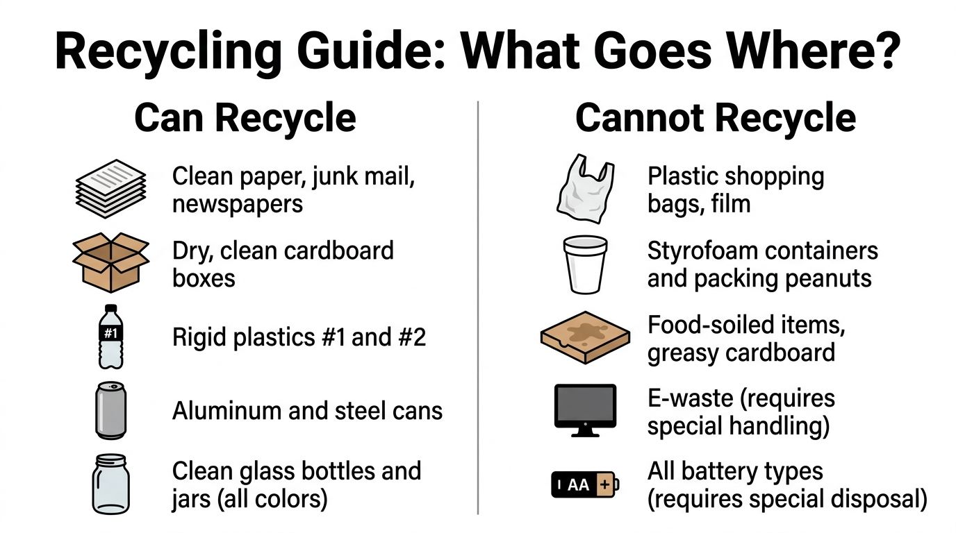 A recycling guide infographic showing items that can and cannot be recycled in separate categorized lists.