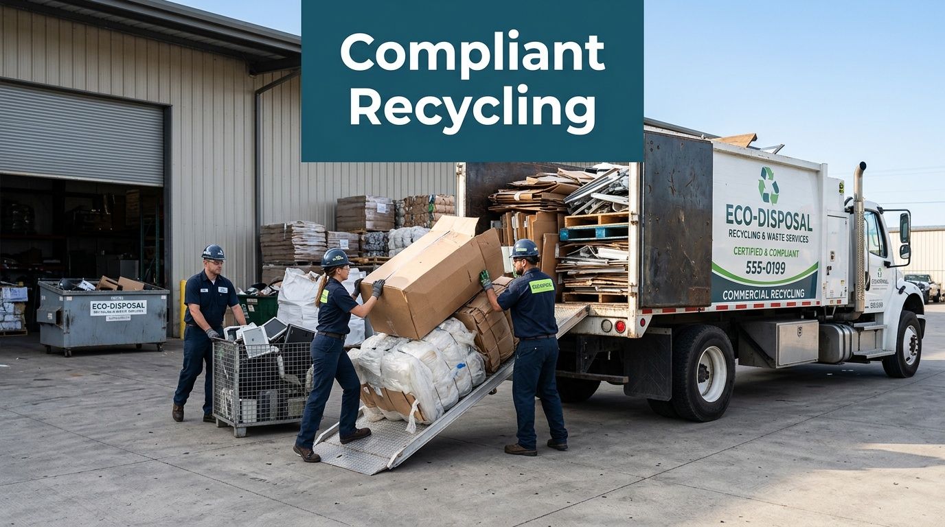 Three recycling workers loading boxes and electronic waste into an Eco-Disposal collection truck outside a warehouse.