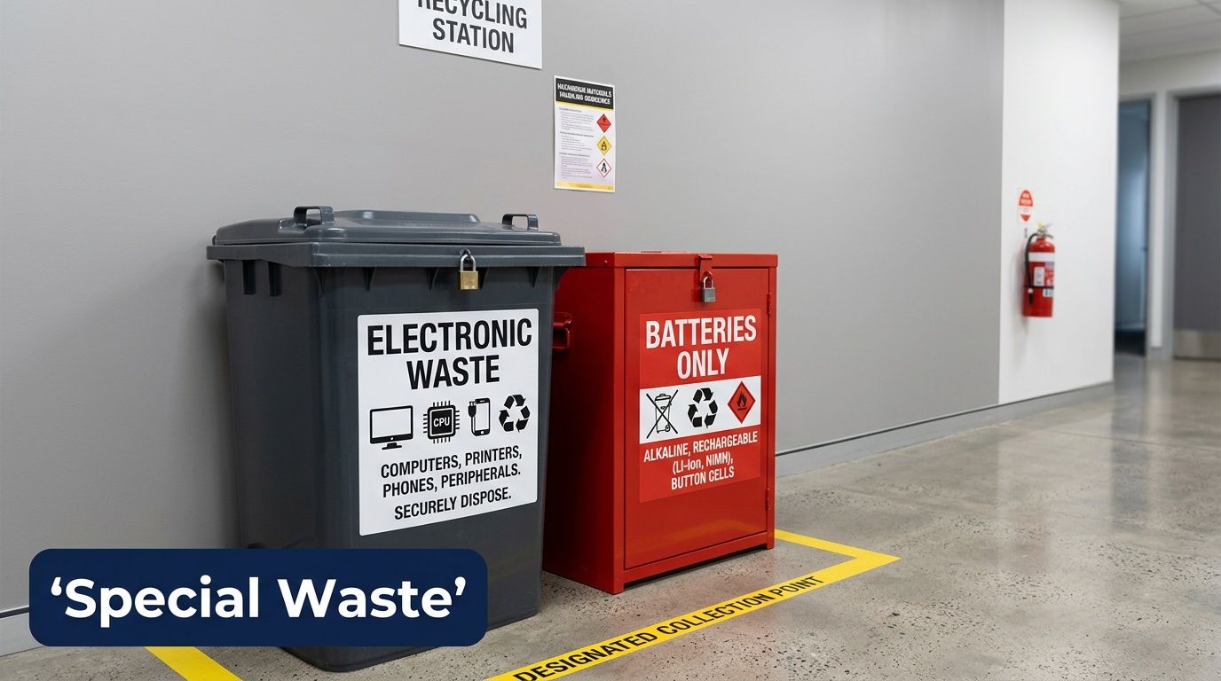 A recycling station area for electronic waste and batteries with two containers against a grey wall.