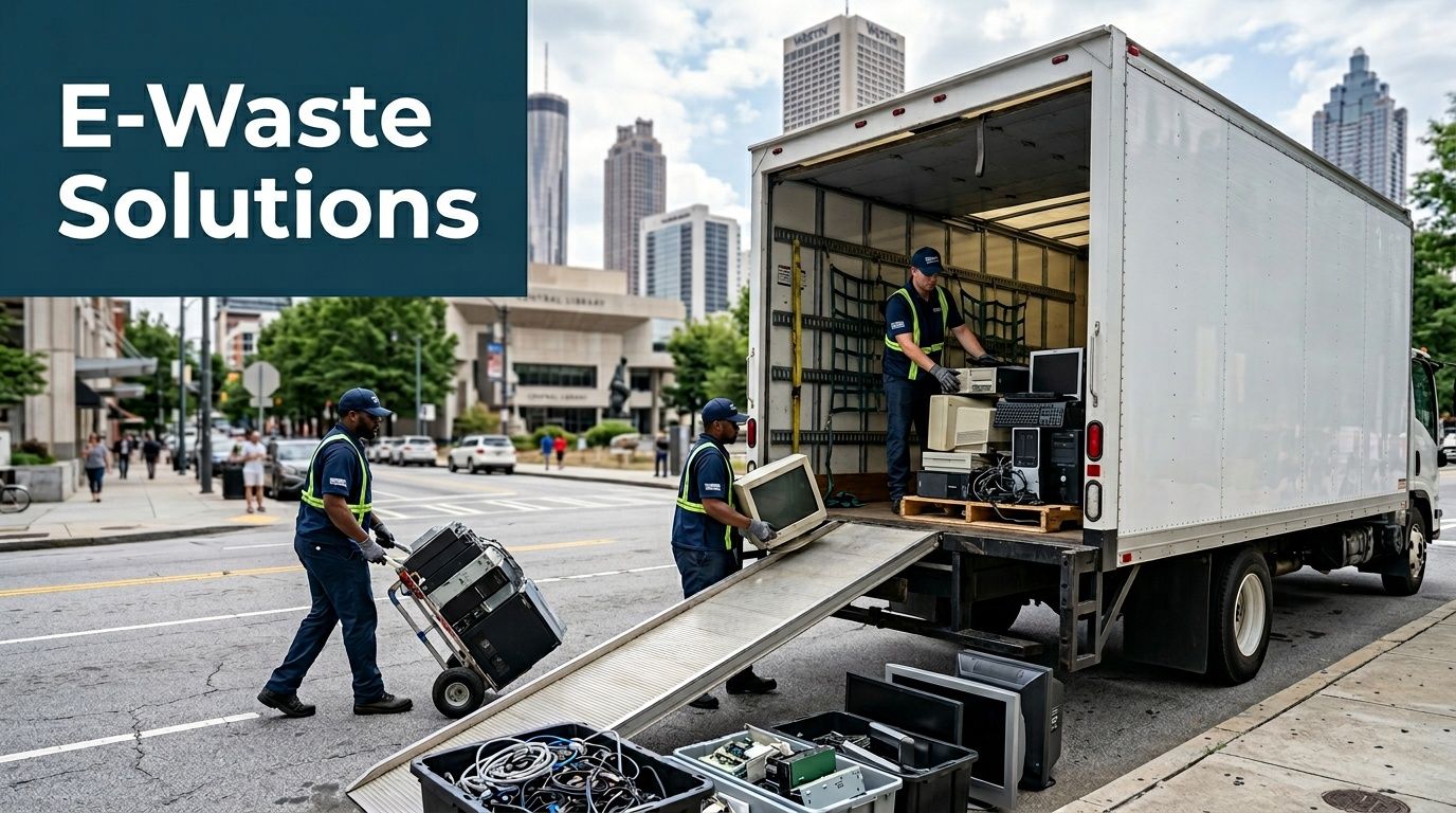 Workers loading discarded electronic waste into a delivery truck on a city street in Atlanta.