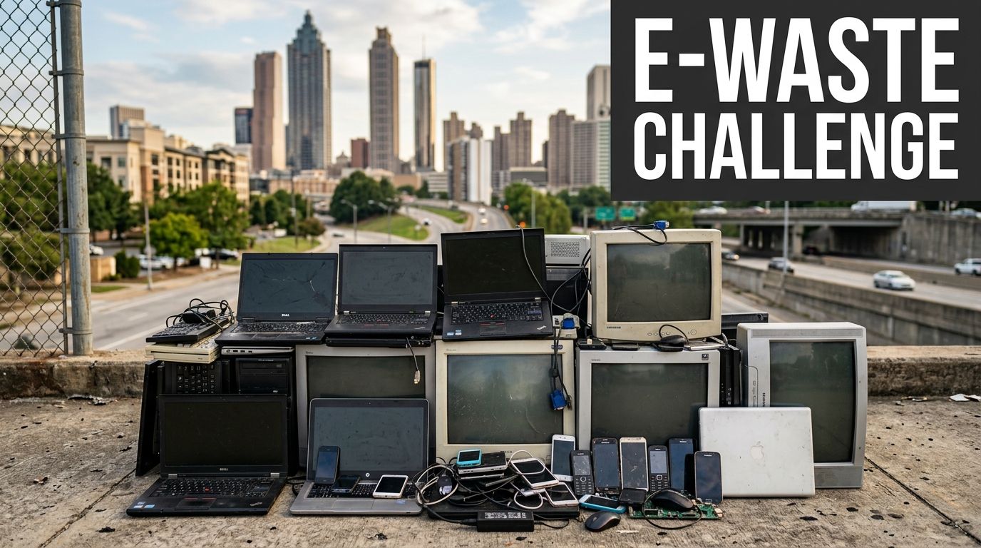 A pile of discarded electronic waste including laptops, monitors, and phones with the Atlanta city skyline behind.