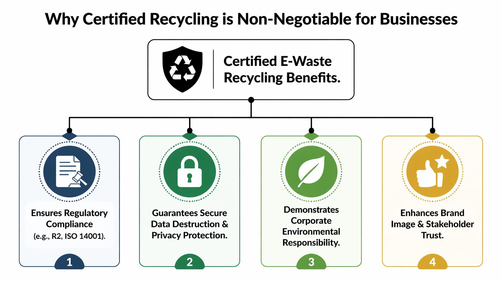An infographic titled Why Certified Recycling is Non-Negotiable for Businesses, listing four key benefits of certified e-waste recycling.