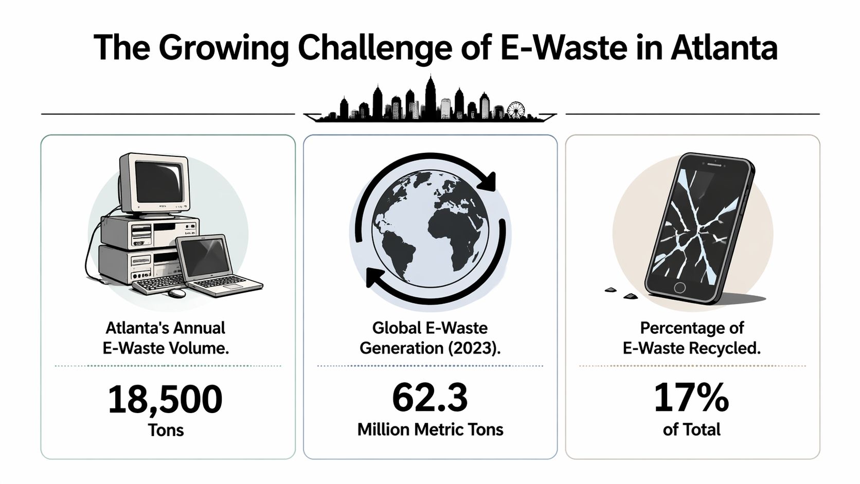 An infographic showing e-waste statistics for Atlanta, global generation in 2023, and global recycling rates.