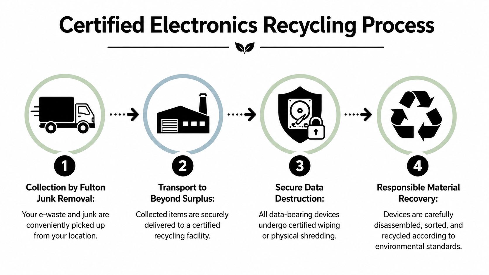 A four-step infographic illustrating the certified electronics recycling process for e-waste disposal and material recovery.