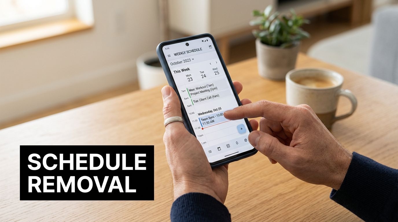 A person holding a smartphone showing a weekly calendar schedule app while sitting at a wooden table.