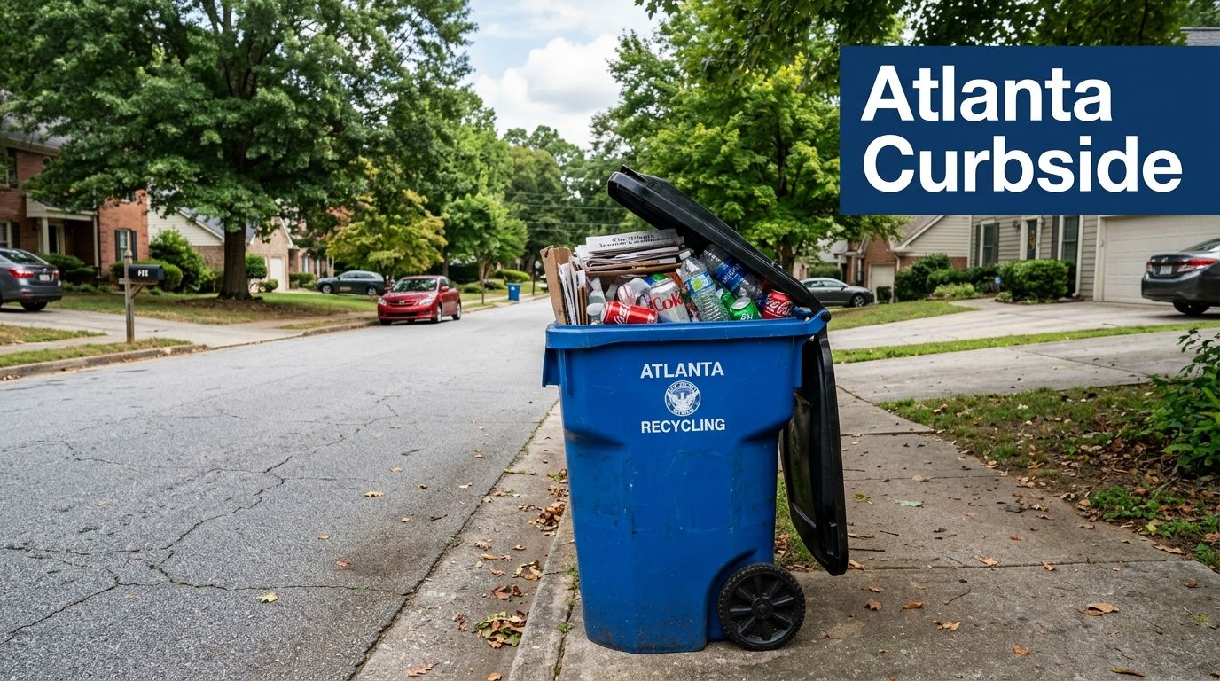 A blue recycling bin sitting on an Atlanta curb filled with paper, plastic bottles, and soda cans.