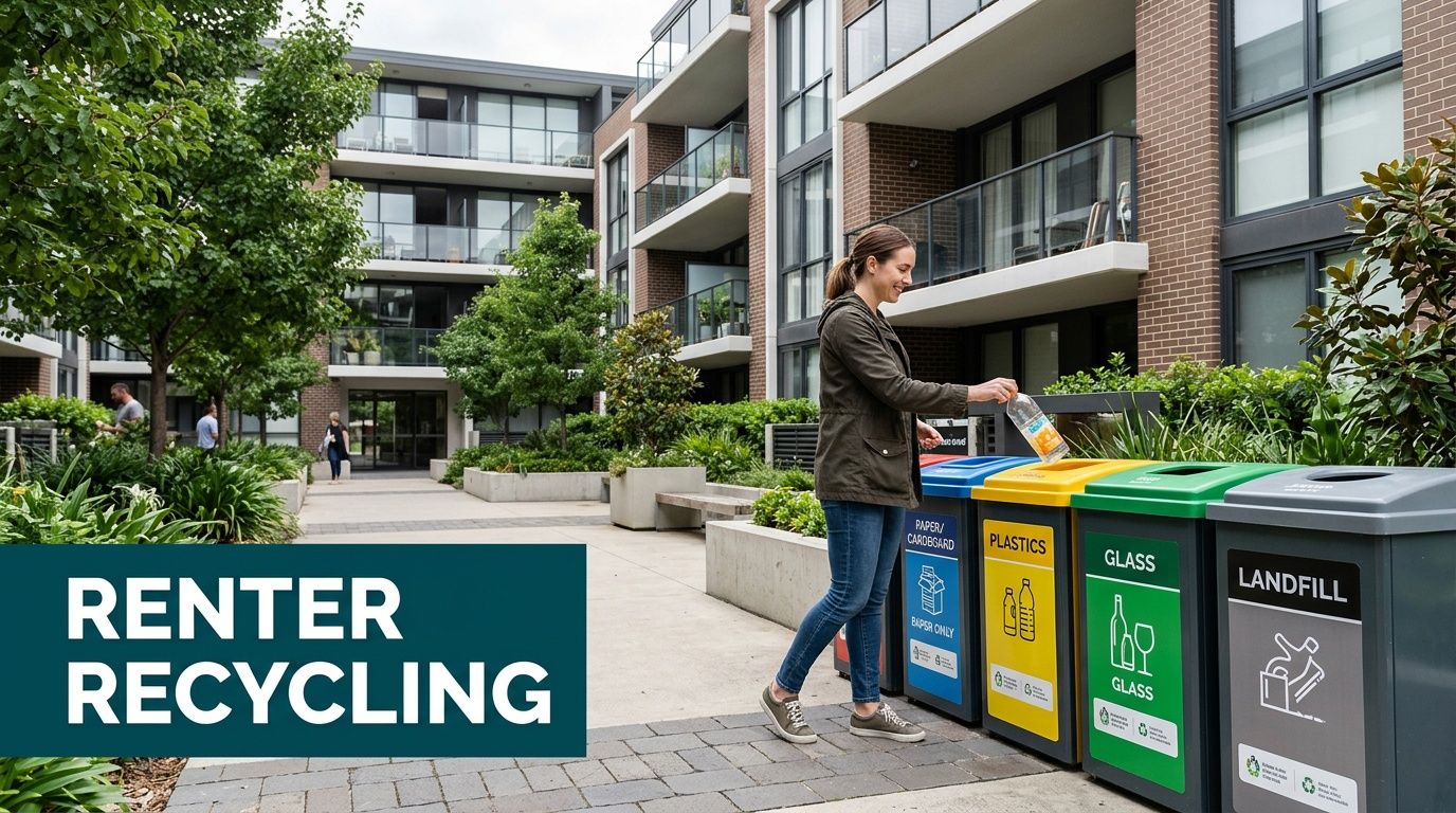 A woman recycling a plastic bottle into the correct colored bin outside a modern apartment building.