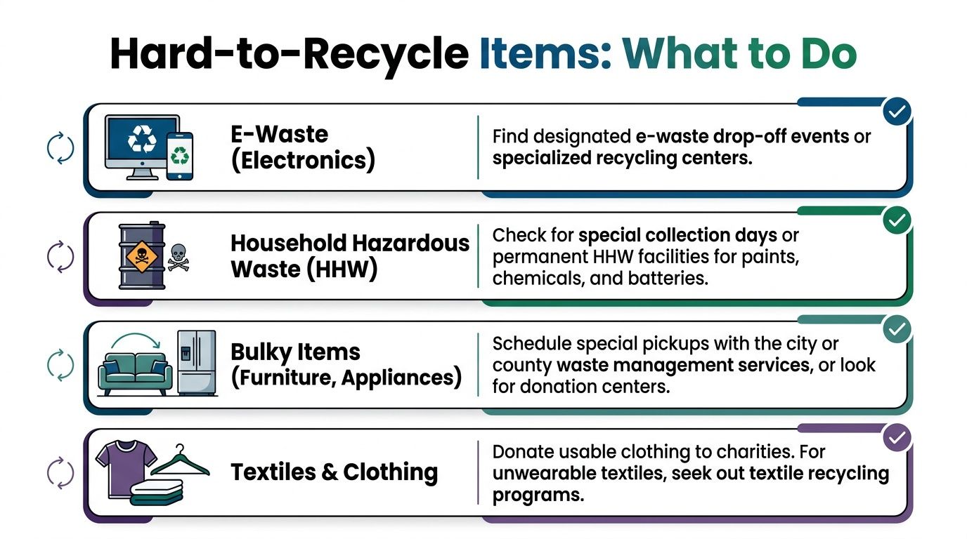 An infographic titled Hard-to-Recycle Items explaining proper disposal methods for electronics, hazardous waste, bulky items, and clothing.