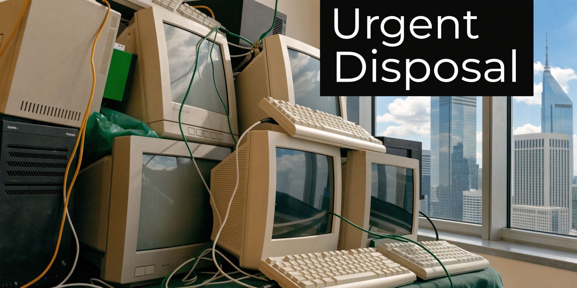 A stack of vintage beige computer monitors and keyboards piled up near an office window overlooking skyscrapers.