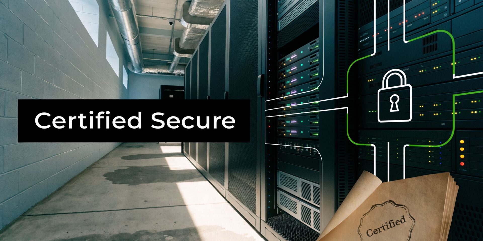 A secure data center server room with a padlock icon and a certified document seal overlay.