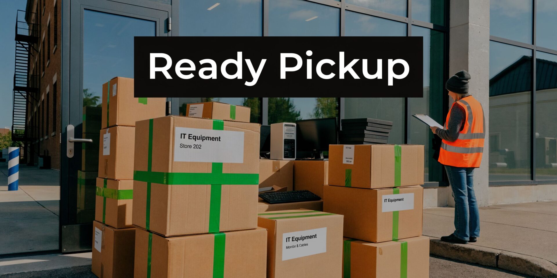 A warehouse worker checking IT equipment packages outside a glass office building for same-day disposal.