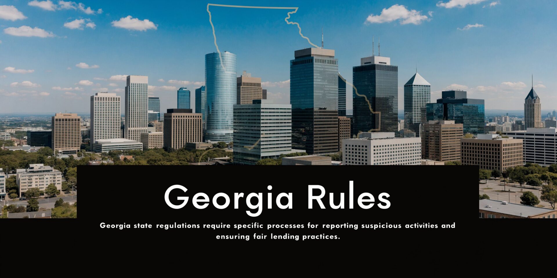 A modern cityscape of Atlanta featuring a digital outline of Georgia overlaying the office buildings.