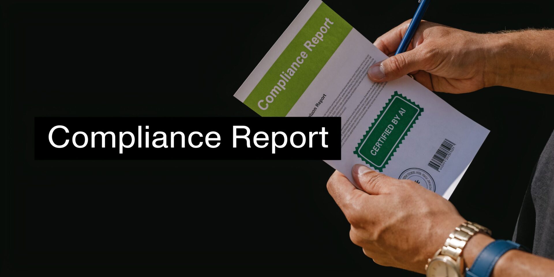 A person holding a document titled Compliance Report that includes a green Certified by AI stamp.
