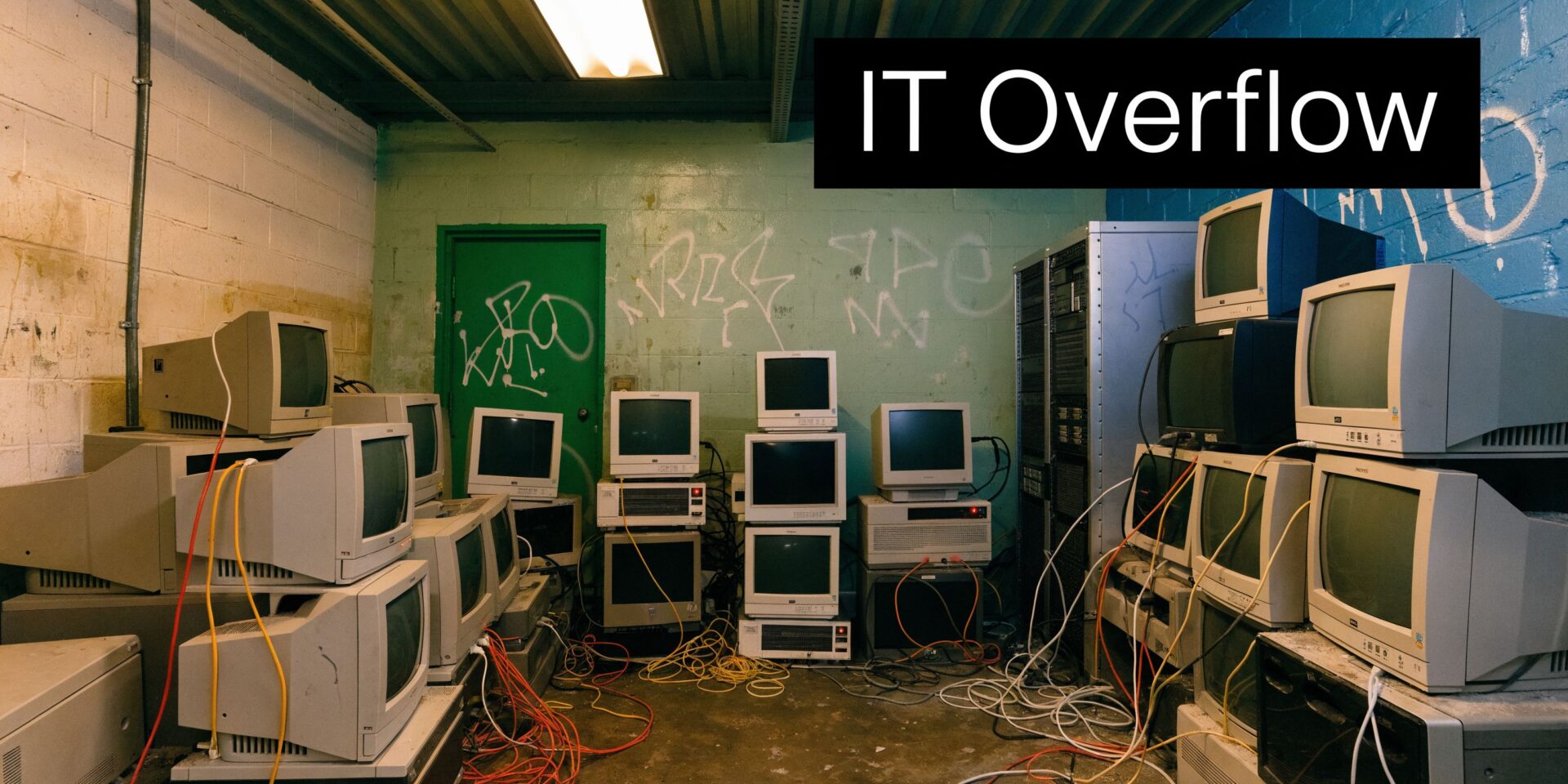 A room filled with discarded vintage CRT monitors and old server racks stacked against graffiti-covered walls.