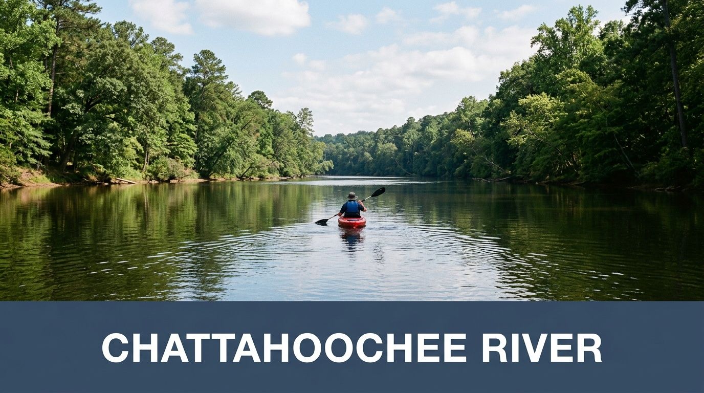 A person kayaking on the calm waters of the Chattahoochee River, surrounded by lush green forest trees.