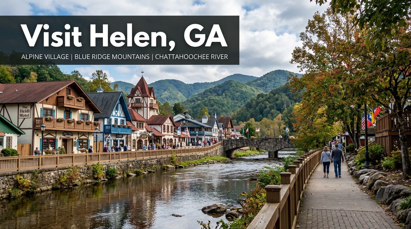 A scenic view of the Alpine-themed village of Helen, Georgia, featuring the Chattahoochee River and mountains.