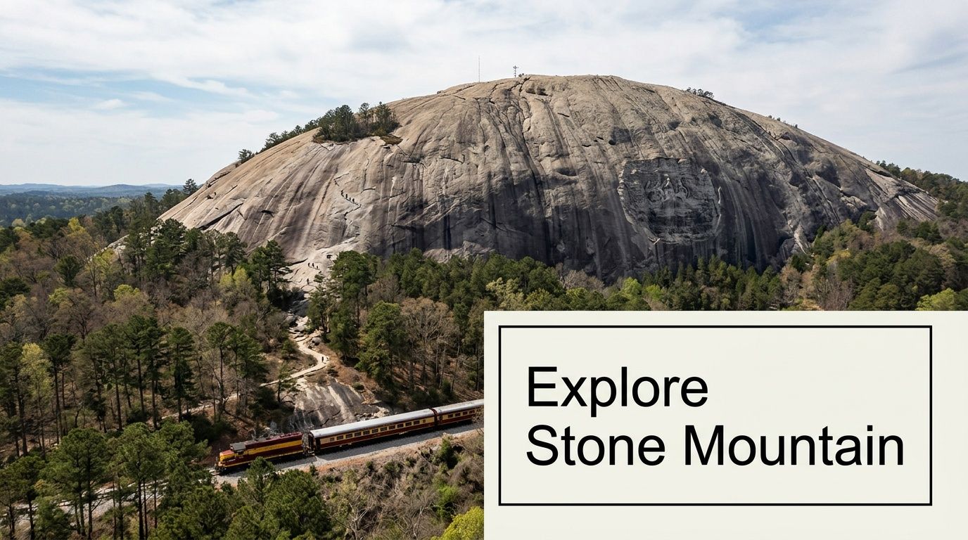 A scenic aerial view of a train traveling near the base of Stone Mountain in Georgia.
