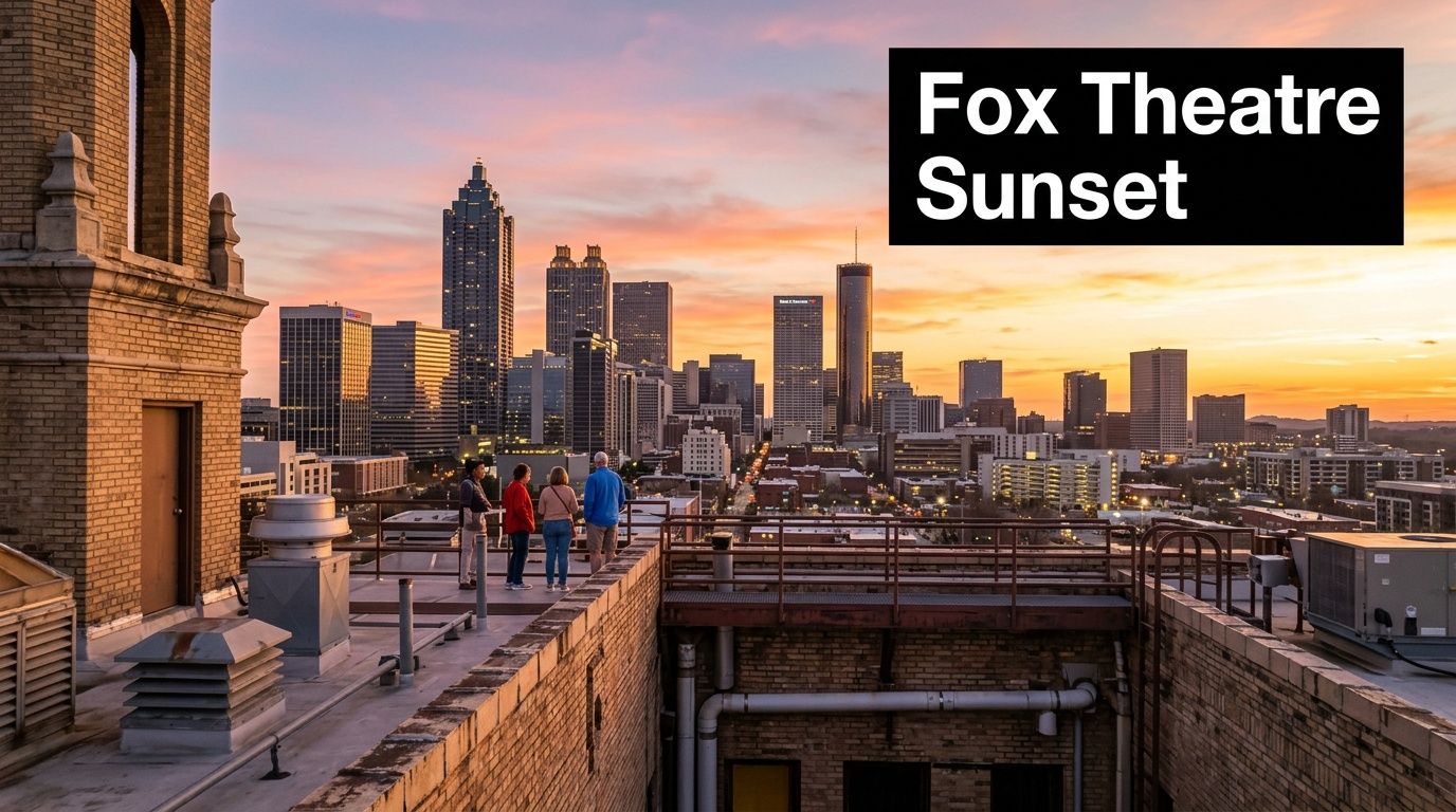 Four people standing on a rooftop terrace in Atlanta, Georgia, enjoying a vibrant sunset over the city skyline.