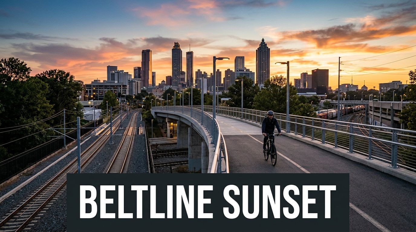 A cyclist rides on the Atlanta Beltline overpass during a vibrant sunset with the city skyline in background.