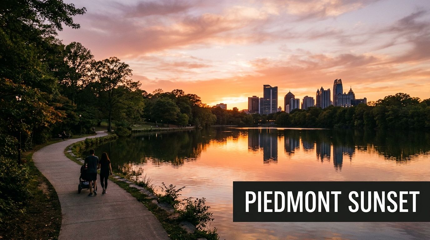 A couple walks with a stroller along a scenic park pathway at sunset overlooking the Atlanta skyline.
