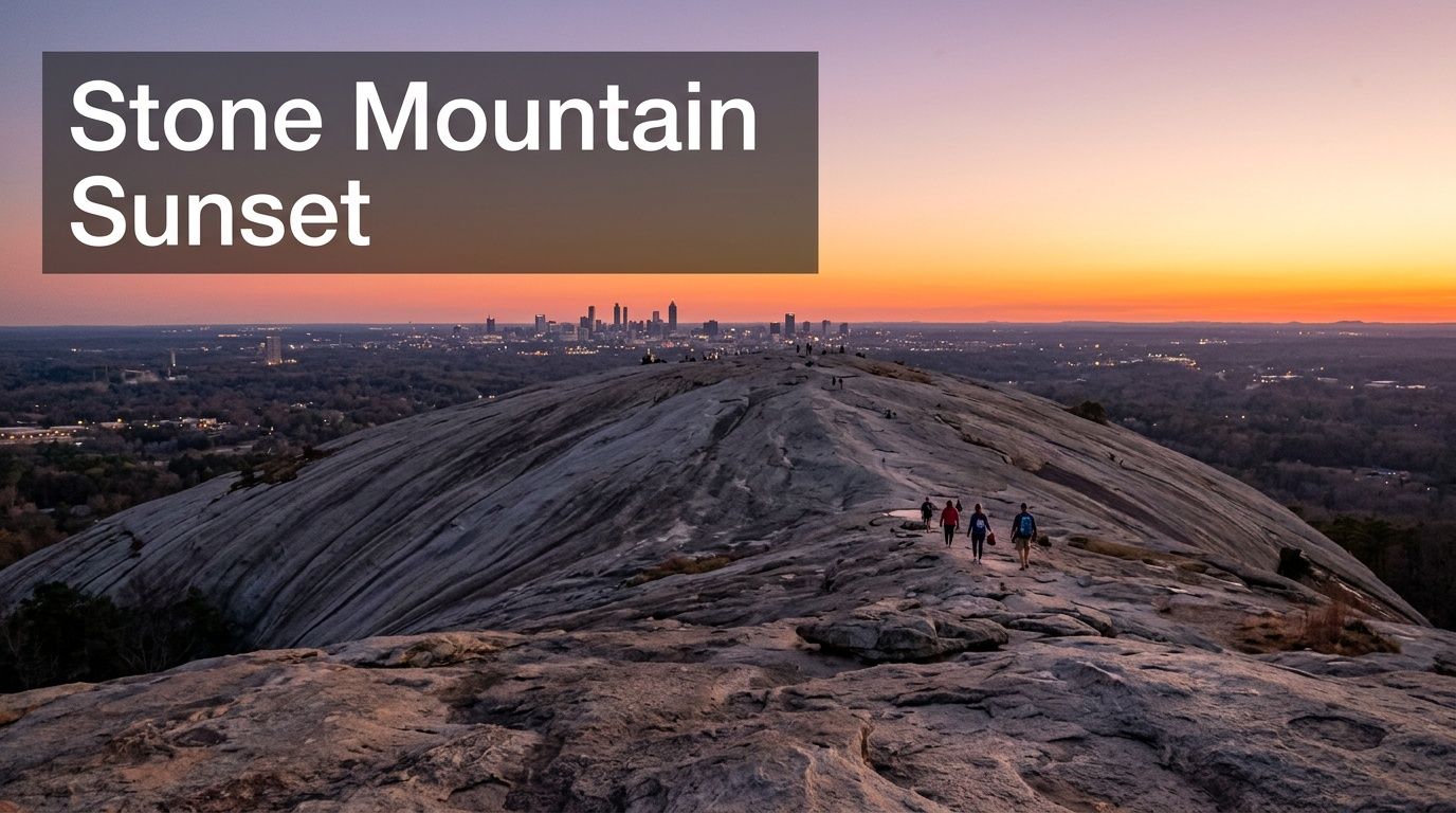 Hikers walking on top of Stone Mountain at sunset with the Atlanta city skyline in the distance.