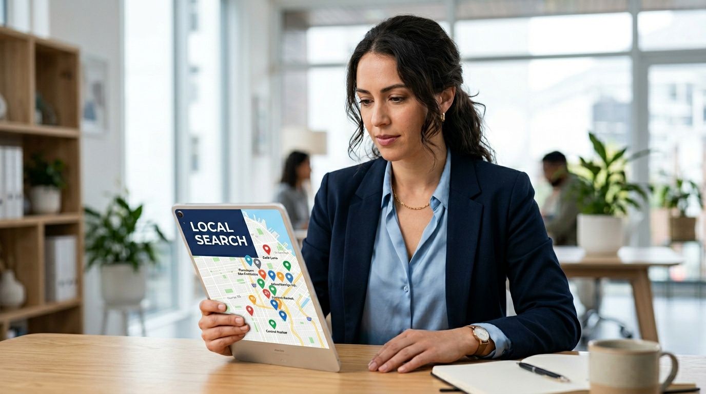 A professional woman in a blazer holds a tablet displaying a local search map interface in an office.