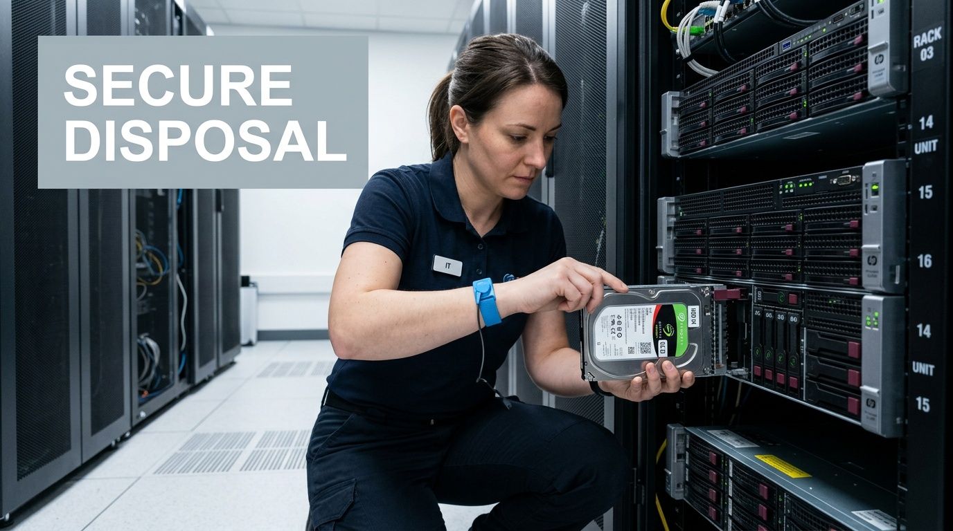 An IT technician securely removing a hard drive from a server rack for data disposal and protection.