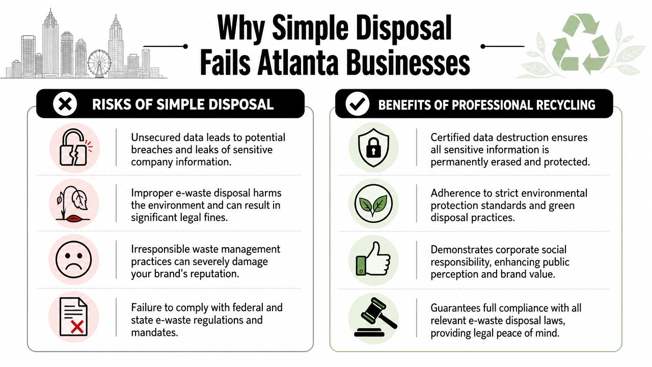 An infographic comparing the risks of improper e-waste disposal versus the benefits of professional electronics recycling services.