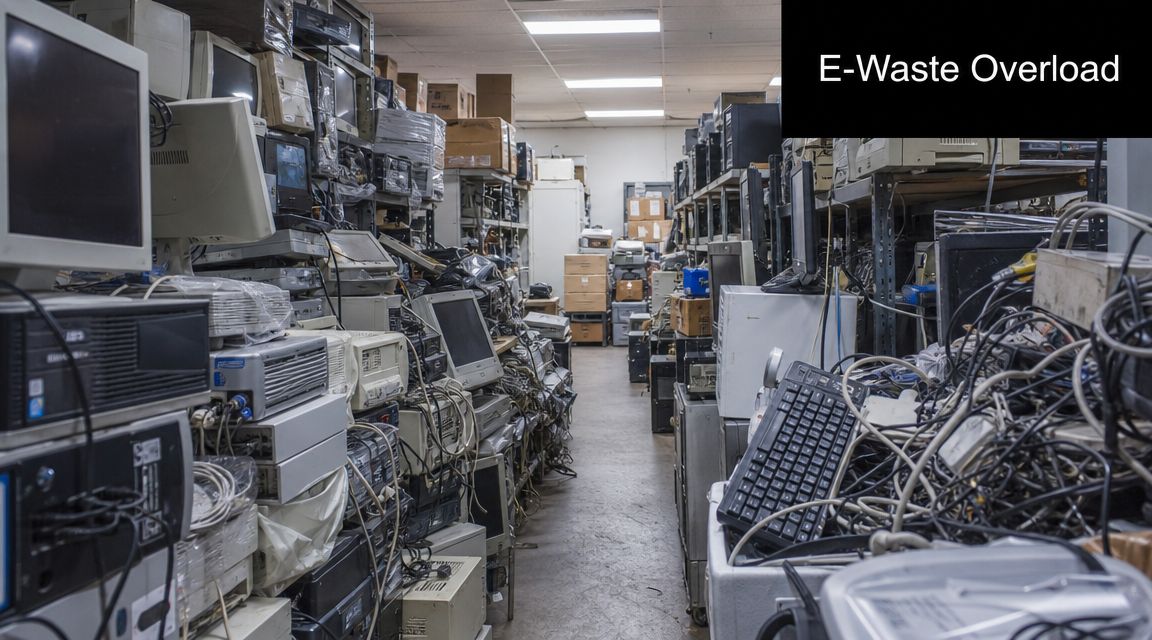 A storage warehouse aisle filled with stacked piles of old computers, monitors, keyboards, and tangled electronic cables.