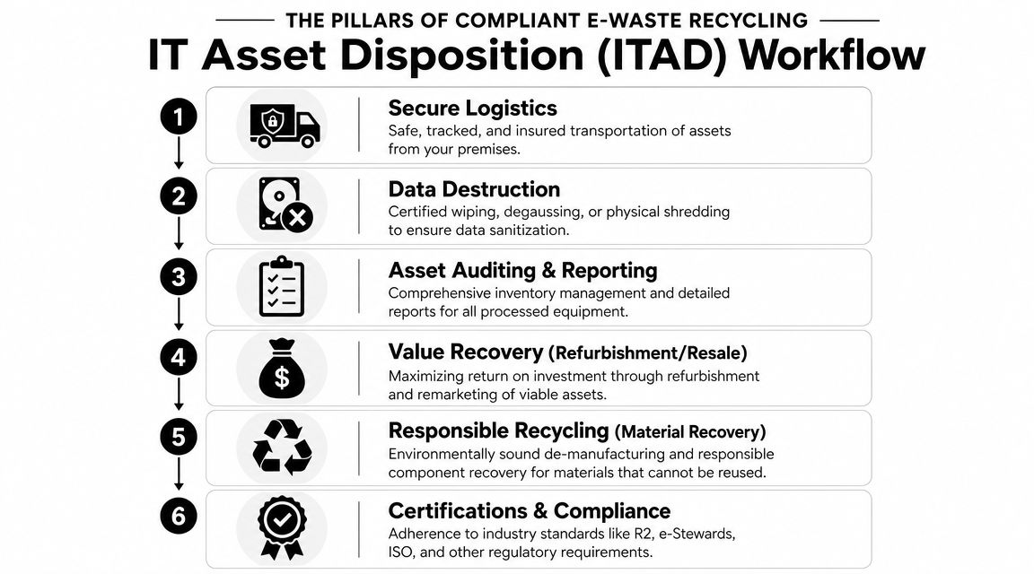 A six-step infographic detailing the IT Asset Disposition workflow for compliant and professional electronic waste recycling processes.